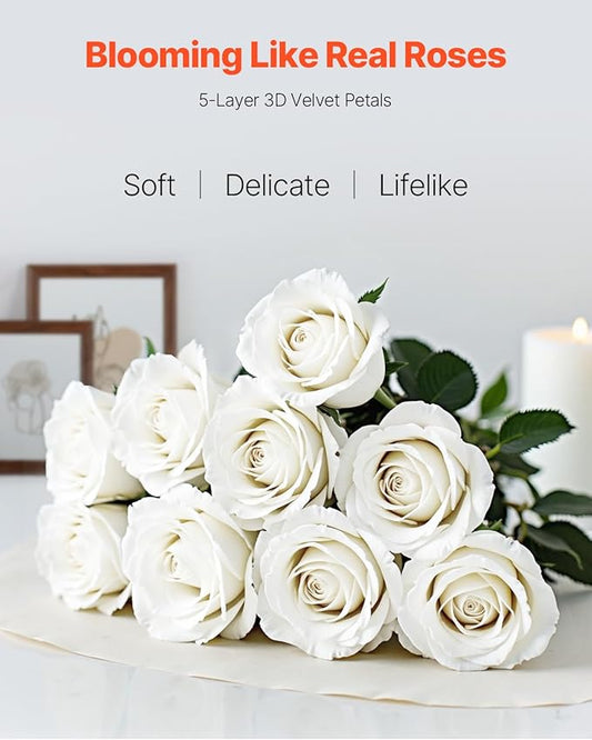 VEVOR Artificial Flowers, 60 pcs Real Looking White Foam Fake Roses Bulk, White Faux Bridal Shower with Stems for DIY Wedding Bouquets, Home Centerpieces Arrangements, Party Tables Decorations