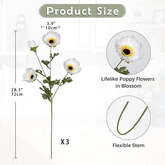 28.3" White Artificial Flowers Poppy Flowers 3Pcs Silk Fake Poppy Flowers Real Touch Faux Poppies Spring Flower Long Stem Arrangement with 4 Heads for Party Centerpiece Bouquet Table Home Decoration