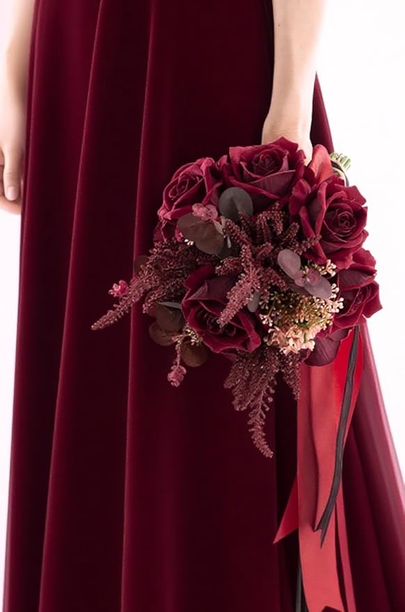 Dark Burgundy Wedding Bouquets for Bride Bridesmaids, Bridal Bouquet for Wedding Silk Artificial Flowers