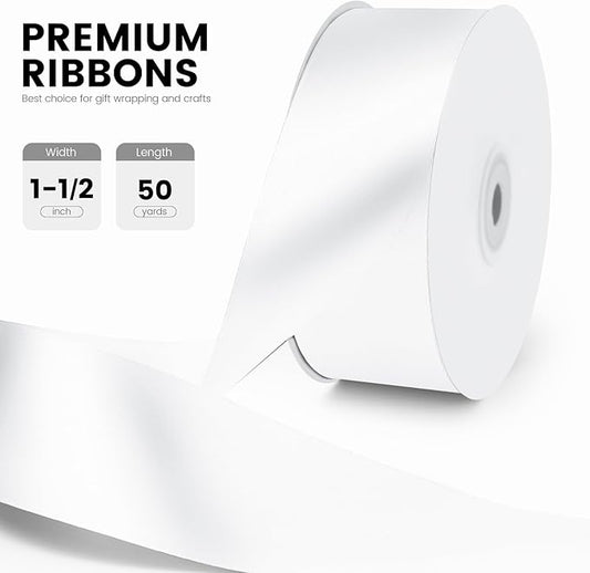 1-1/2" x 50 Yards Satin Ribbon - White Silk Ribbon with Spool - Ideal for Gift Wrapping, Floral Bouquets, Crafts, Wedding Party Decorations, Christmas and Sewing Projects