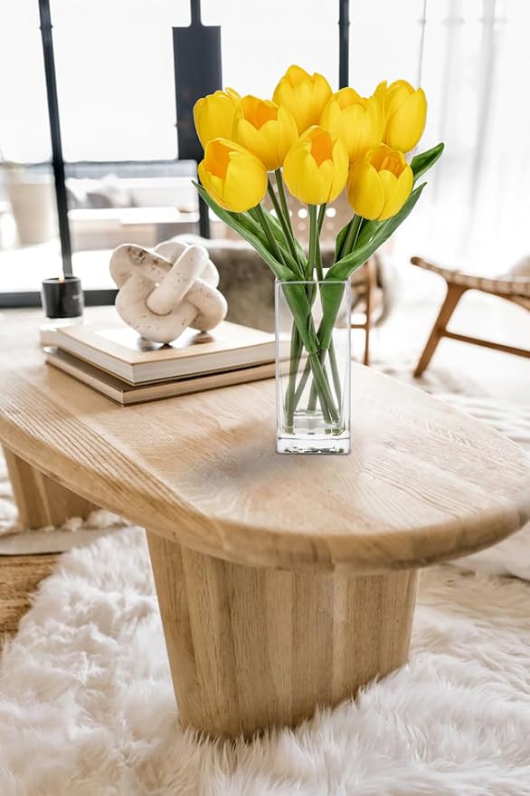 Briful Fake Flowers Artificial Tulip Flower in Clear Vase, Yellow Real Touch Foam Tulip Arrangement Suitable for Home Office Decoration, Dining Table Centerpiece