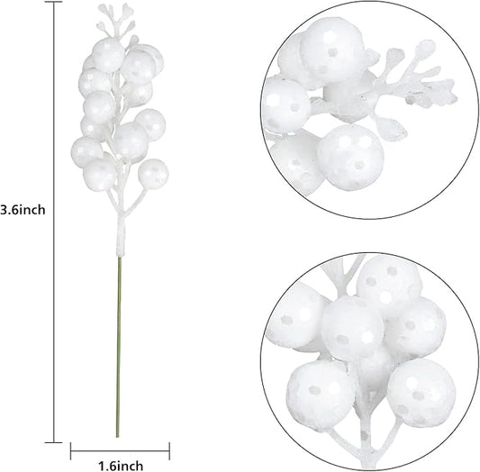 Lvydec 16pcs Christmas Glitter Berry Stems Clearance, 7.8" Artificial Christmas Picks for Christmas Tree Ornaments, DIY Xmas Wreath, Crafts, Holiday and Home Decor (White)