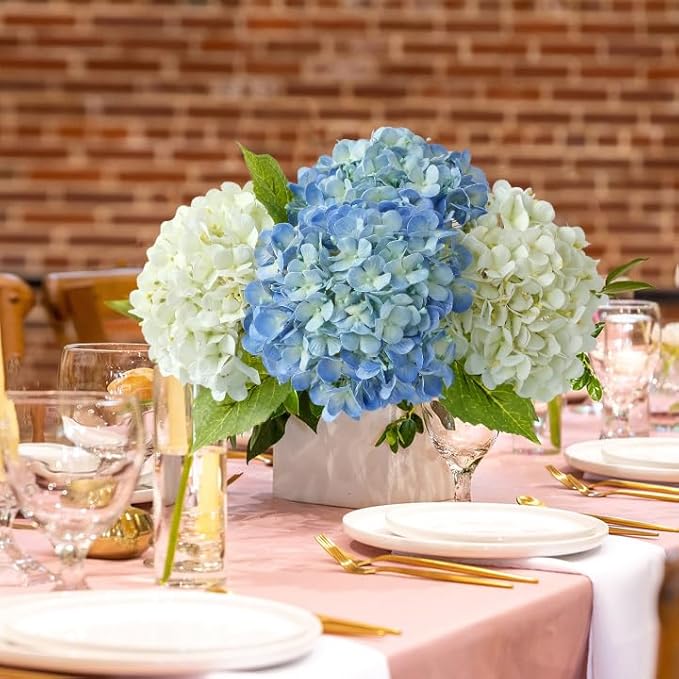 Blue Faux Hydrangea Flowers for Decoration,4Pcs 20" Real Touch Lifelike Faux Flowers, Full Fake Artificial Hydrangeas with Stems for Bouquet Table Centerpieces Spring Home Decoration