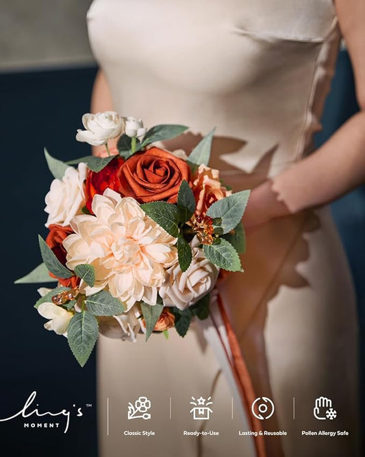 Ling's moment Terracotta Artificial Flowers Bridesmaid Bouquet Set of 4, Burnt Orange Wedding Flowers Bouquets for Bridesmaids, 7 Inch Bridal Bouquets for Bridesmaids, Wedding, Ceremony