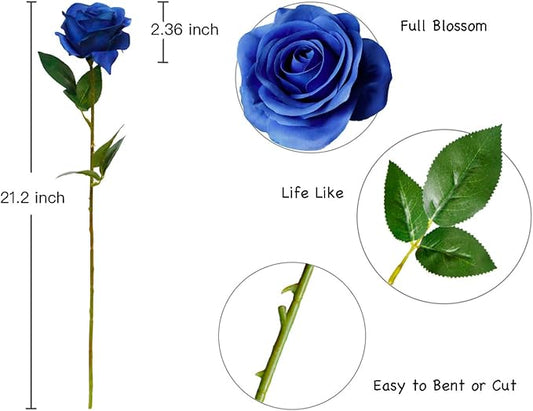 DuHouse 10pcs Fake Roses Artificial Silk Flowers Faux Rose Flower Long Stems Bouquet for Arrangement Wedding Centerpiece Party Home Kitchen Decor (Royal Blue)