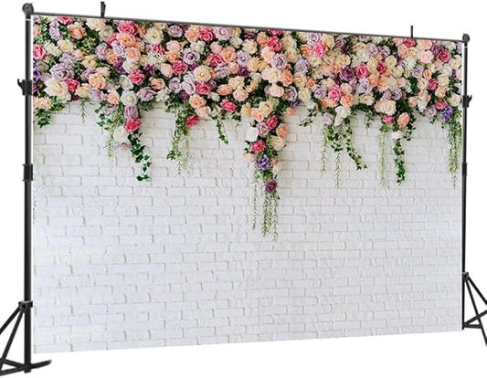 7X5FT White Brick with Flowers Backdrop Occasions Mother's Day Wedding Bridal Shower Birthday Party Banner Background Supplies DH-357