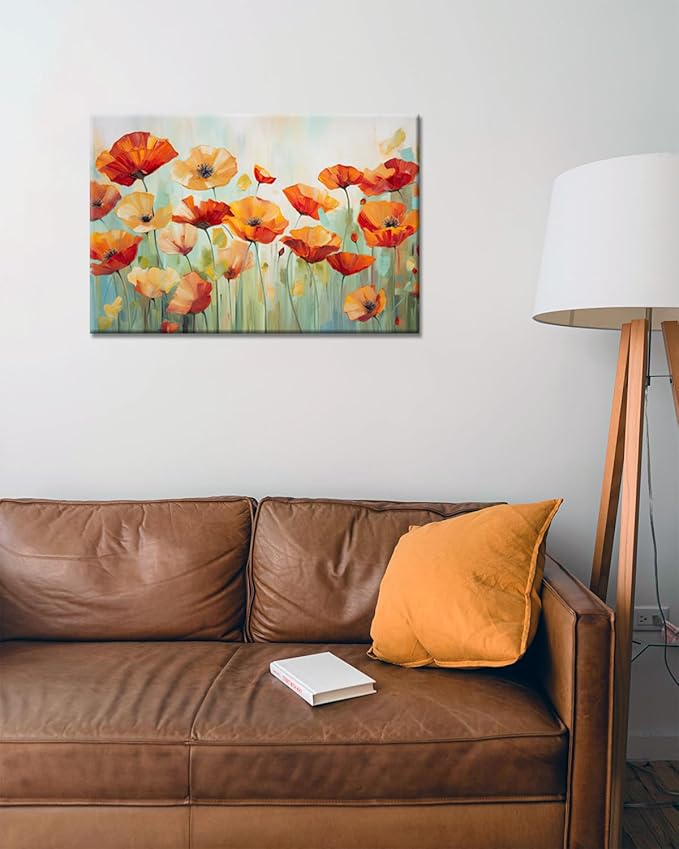 GLOKAKA Vibrant Poppies Wall Art Floral Red and Orange Watercolor Poppy Flower Painting Print Canvas Artwork For Living Room Bathroom Dinning Room Decor (Vibrant Poppies, 30"x20")
