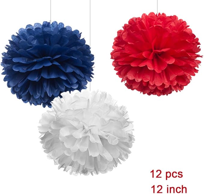 WEVEN 12" Red White Blue Tissue Pom Poms DIY Hanging Paper Flower Balls for Nautical Party Decoration 4th of July Patriotic Decorations, Pack of 12