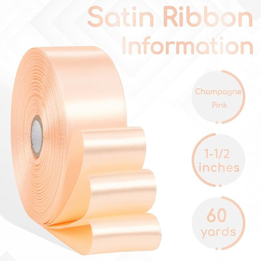 Champagne Pink Satin Ribbon 1-1/2 Inch x 60 Yards, Solid Polyester Fabric Ribbons for Flower Bouquet, Gift Wrapping, Handmade Roses, Crafts, Hair, Wedding