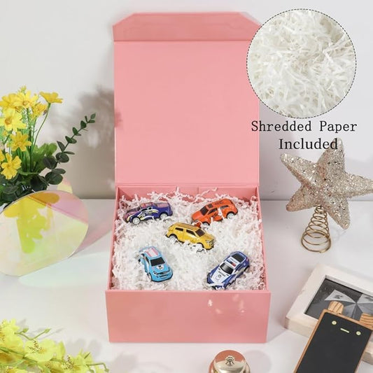 1 Pcs Pink Magnetic Gift Box 8x8x4 Inch with Crinkle & Shredded Paper, Luxury Lid Gift Box for Presents