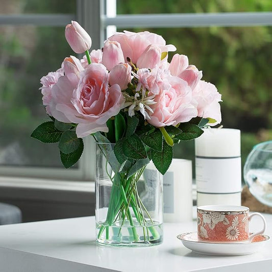 ENOVA FLORAL Pink Tulip Artificial Real Touch Flowers in Vase, Mixed Fake Tulips Fake Flowers and Silk Rose Artificial Flowers with Vase for Dining Table Decoration (Pink)