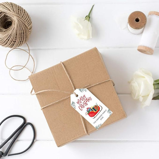 Andaz Press Personalized Christmas Holiday Season Classic Gift Tags, Merry Christmas with Sleigh Presents Design, Custom Family Name and Year, for Holiday Events, Parties, and Favors, 60-Pack