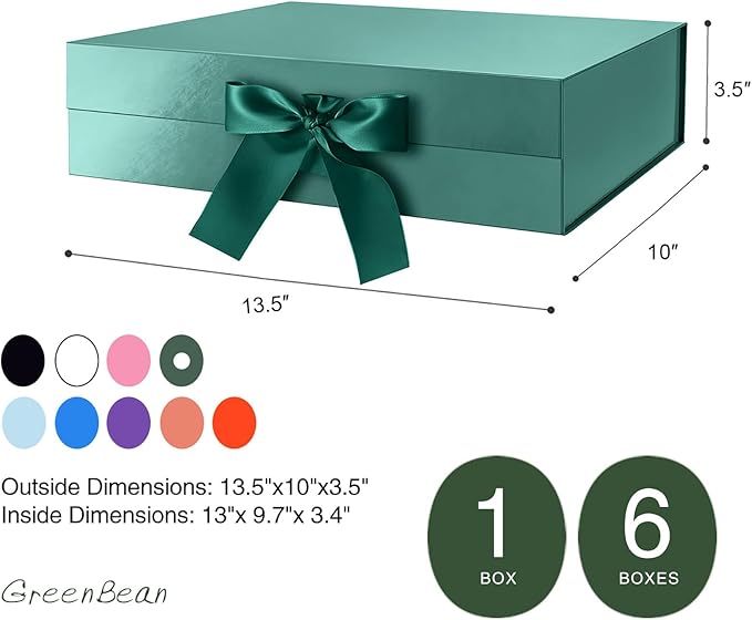 GREEN BEAN 6 Large Gift Boxes with Lids for Presents 13x9.7x3.4 Inches, Christmas Green Magnetic Gift Box with Ribbon, Bridesmaid Proposal Box, Luxury Gift Boxes (Glossy Green)