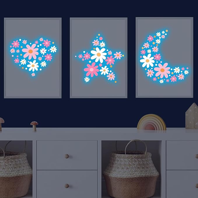 Glow in The Dark Big Daisy Wall Decals,Glowing Luminous Large Cute Daisy Wall Stickers Colorful Removable self-Adhesive Pink White Flower Decals for Girls Bedroom Kids Baby Nursery Living Room Decor