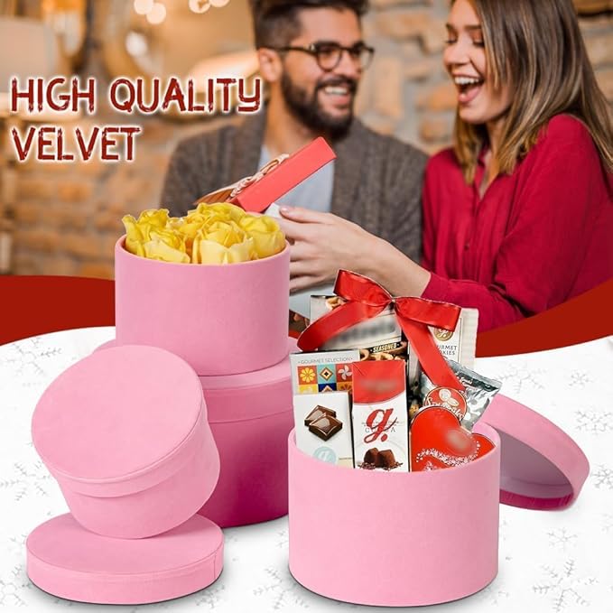 Round Gift Boxes with Lids for Presents Set of 4 Pink Velvet Nesting Gifts Box for Arrangements Flowers Wedding Birthday Valentines Bridesmaid Christmas Party Anniversary
