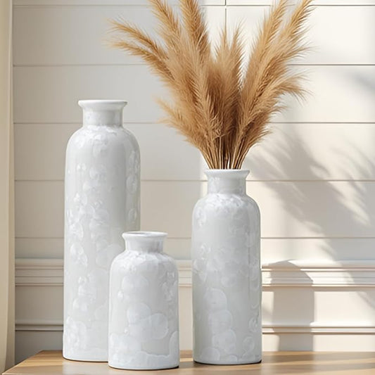 Modern Ceramic Vase Set of 3, White Crystalline Glaze Colors, Decorative Bottles for Home, Farmhouse Rustic Decor (Crystalline Glaze White)