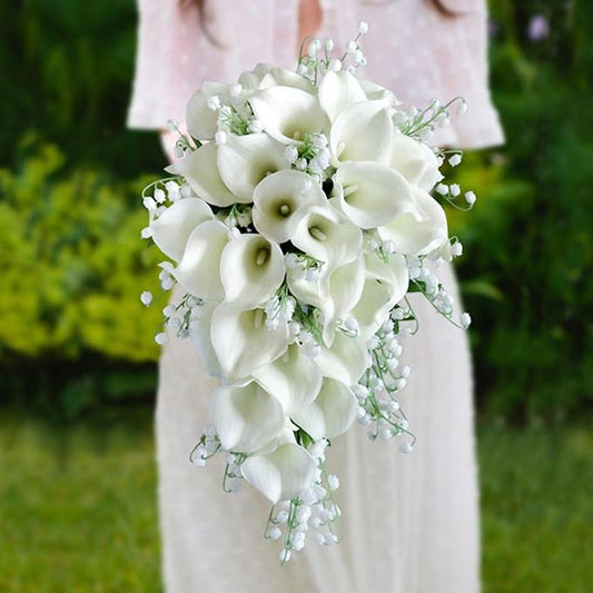 Bride Bouquet for Wedding, White Calla Lily Waterfall Bride Bridal Artificial Flowers Bouquet Cascading Bridal Bouquets for Wedding Ceremony Anniversary Bridal Shower Party Decoration