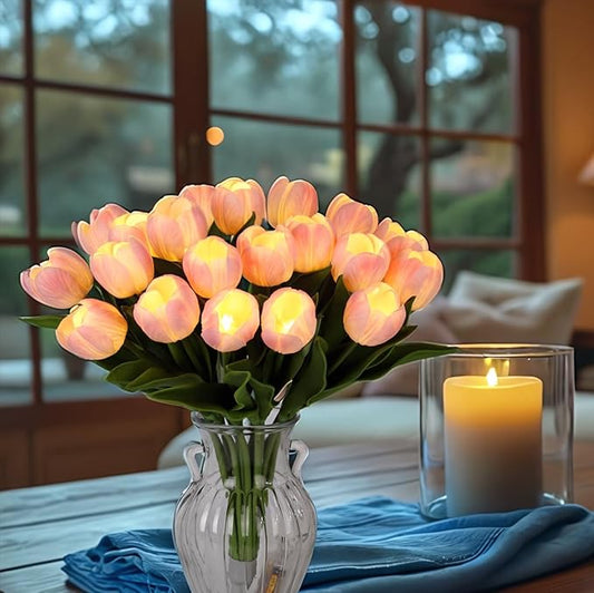 LED Lighted Artificial Tulip Lamp, Real Touch Tulip Flowers, 15 Inch Faux Tulip Bouquet with Battery Operated Lights for Gifts, Home Kitchedn Wedding Decor (Pink)