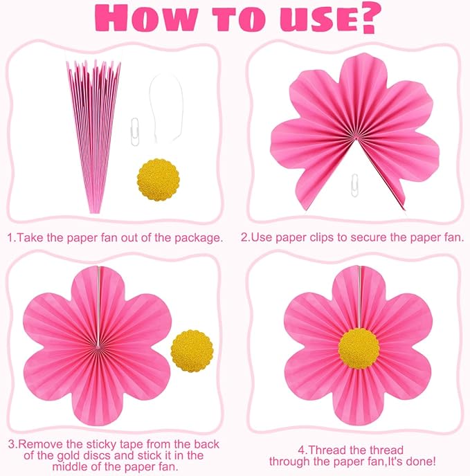 Pink Party Decorations Paper Flowers Decorations for Wall Classroom Paper Fans Floral Backdrop Flower Wall Decor Pack of 9 Pink Yellow