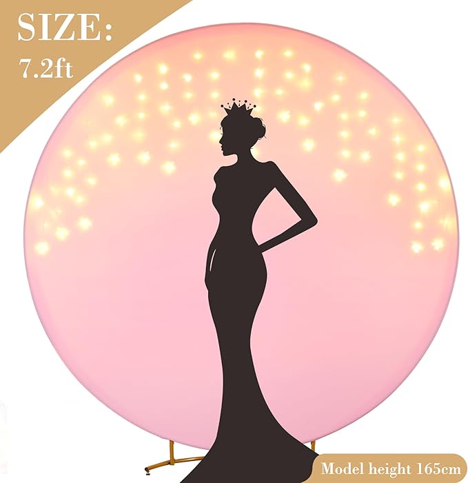 7.2 FT Pink Round Backdrop Cover with Lights String for Circle Arch Stand Circle Backdrop Covers with LED Fairy Lights for Wedding Baby Shower Girls Birthday Party Photo Shoot Photography Background