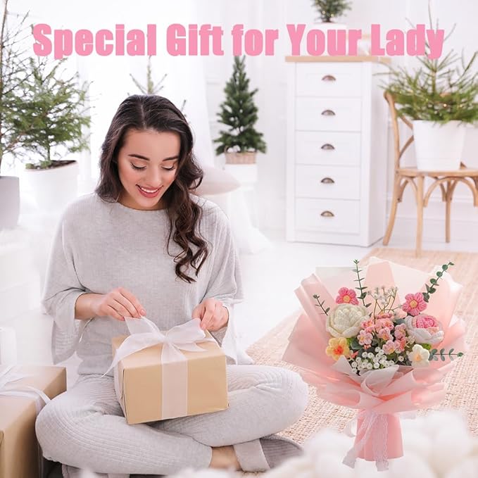 Handmade Crochet Rose Flower Bouquet: Artificial Knitted Rose Gift for Wife Mother Girlfriend for Festival Wedding Graduation Anniversary (Pink)