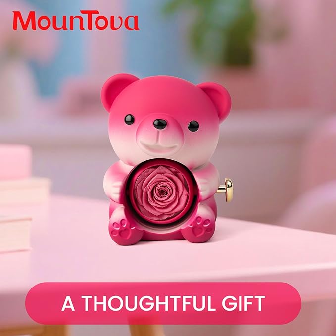 Cute Teddy Bear with Preserved Rose and Necklace, Elegant Bear Roses Gifts with Hidden Jewelry Box for Women, Girlfriend, Wife, Sister, Valentines Day Gift, Forever Eternal Rose Flower Decor