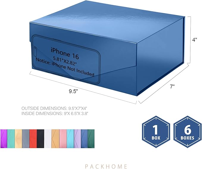 PACKHOME 6 Gift Boxes 9x6.5x3.8 Inches, Rectangle Collapsible Boxes with Magnetic Lids for Gift Packaging (Glossy Navy)