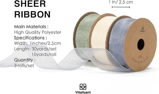 Vitalizart Organza Sheer Ribbon Set 1 inch x 30 Yd Handmade Fabric Ribbons for Gift Wrapping Christmas Tree Crafts Bows Wedding Invitations Wreaths Wrap Cream White Dusty Blue & Green