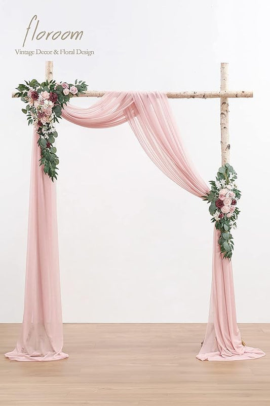 Floroom Arch Flowers with Drapes Kit (Pack of 4) - 2pcs Artificial Dusty Rose & Burgundy Floral Swag Arrangement with 2pcs Draping Fabric for Wedding Ceremony Arbor and Reception Backdrop Decoration