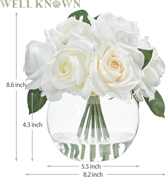 WELL KNOWN Artificial Flowers with Vase, Silk Rose Artificial Flowers Table Centerpieces with Faux Water for Home Decoration Fake Roses Flower Arrangements for Table Decor (White&Green)