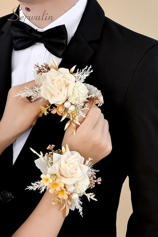 Serwalin Champagne Corsage and Boutonniere Set ๐ฎ๐ฅ๐๐จ, ๐ฒ-๐ณ ๐๐ฃ๐๐ Boutonniere and Wrist Corsage Wristband Prom Flower Wedding Flowers Accessories Prom Suit Decorations Cake Topper