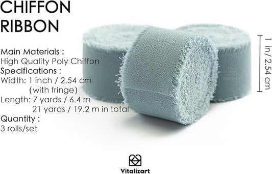 Vitalizart Dusty Blue Chiffon Silk Ribbon 1" x 21 Yd Fringe Fabric Package (3 Rolls * 7 Yd) for Wedding Invitations Bridal Bouquets Decorations Gifts Wrapping & Bow Making