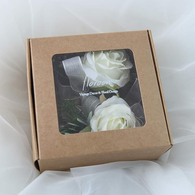 Floroom Ivory Rose Boutonnieres for Best Men Groom Groomsmen White Wedding Prom Set of 2
