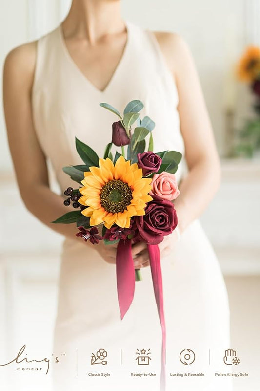 Ling's moment Artificial Flowers Sunflower Bridesmaid Bouquet Set of 6, Burgundy & Sunflower Wedding Flowers Bouquets for Bridesmaids, 7 Inch Bridal Bouquets for Bridesmaids, Wedding, etc