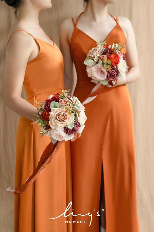 Ling's moment Artificial Flowers Burnt Orange Bridesmaid Bouquet Set of 4, Wedding Flowers Bouquets for Bridesmaids, 7 Inch Bridal Bouquets for Bridesmaids, Wedding, etc