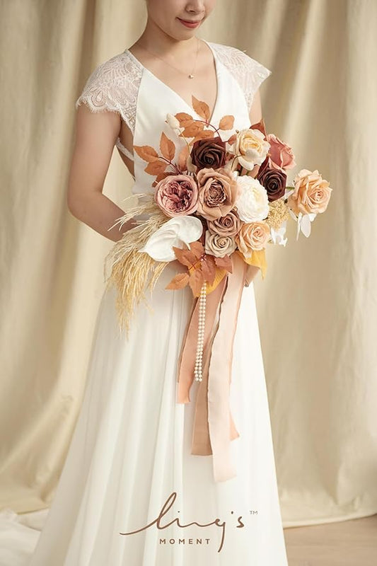 Ling's moment Wedding Artificial Flowers Package, Bridal Bouquet, Bridesmaid Bouquets, Boutonniere for Men, Rose Petals.Boho Dried Rustic Orange