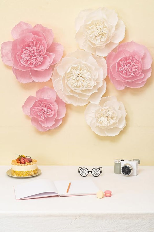 Crepe Paper Flowers Decoration for Wall, Flowers for Wedding Decor,Flower Backdrop Decor,Baby Shower,Birthday Party,Photo Backdrop,Archway Decor, Nursery Wall Decor (White+Pink ;Set/6)