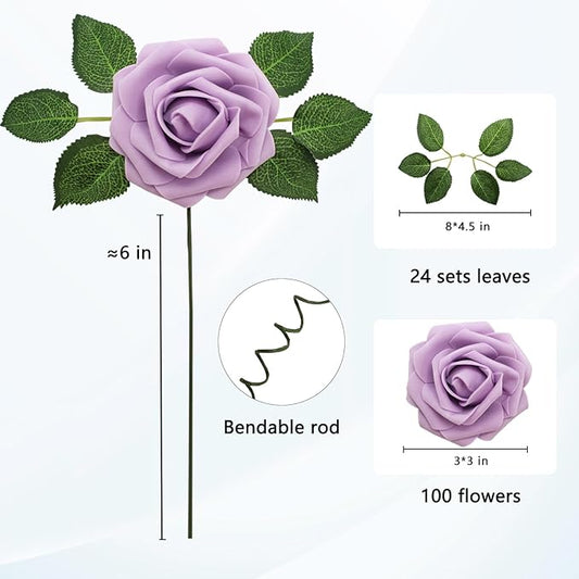 JOYLEX Artificial Flowers Realistic Roses, 100pcs Real Looking Fake Roses with Stem for DIY Wedding Bouquets Centerpieces Bridal Shower Party Home Romantic Decorations (Light Purple)