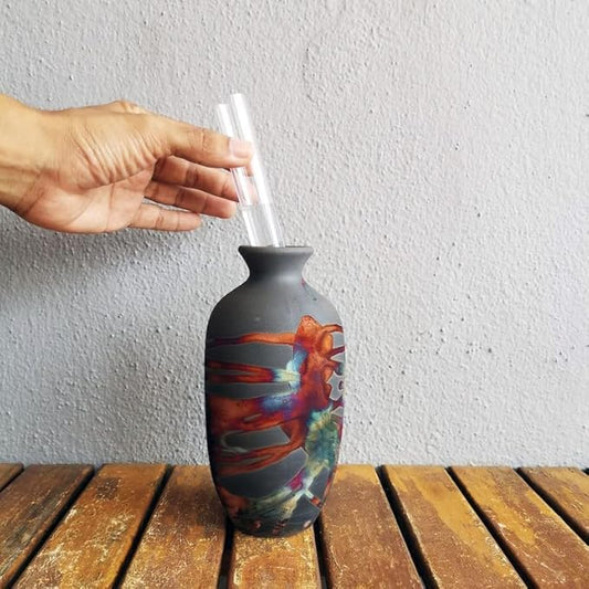 RAAQUU Koban 7 inch Raku Ceramic Clay Pottery Vase with Gift Box Corporate Gift in a Pine Box -Personalized Rustic Boho Handmade Gift in Half Copper Matte