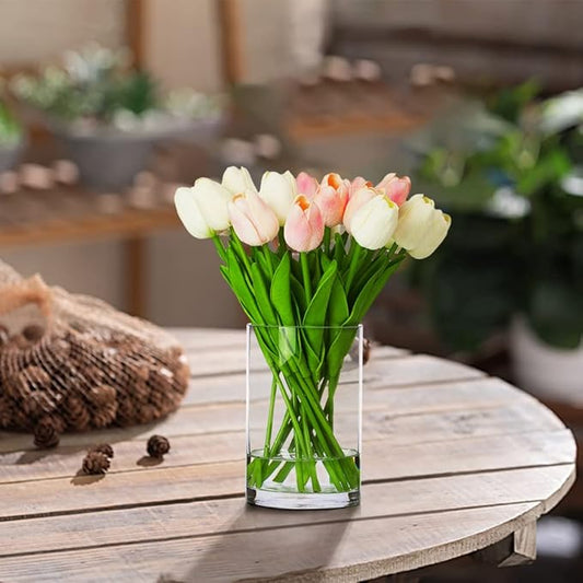 ENOVA FLORAL 20 Heads Real Touch Artificial Tulips Flowers in Vase, Mixed White and Pink Tulips Flower Arrangements with Vase and Faux Water for Home Wedding Decor, Dining Table (White Pink)
