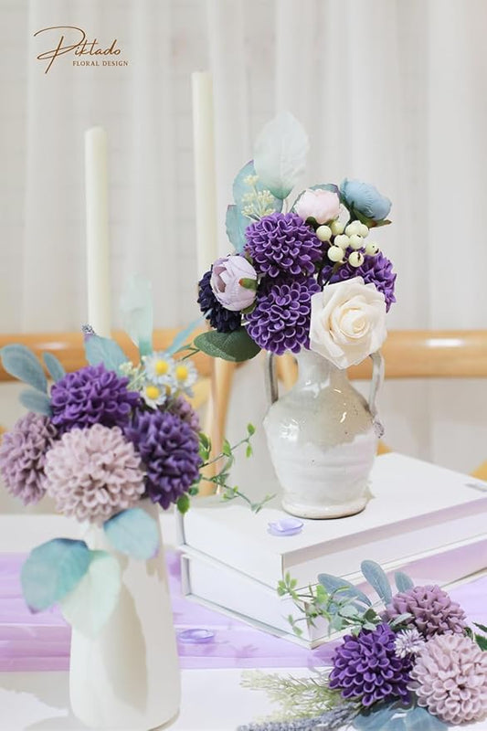 Artificial Wedding Dahlia Flowers 25 pcs Fake Roses with Stem for DIY Wedding Decor Centerpieces Arrangements Bouquets (Shades of Purple)
