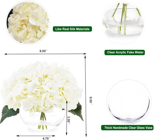 Silk Hydrangea Flowers in Vase, Small Silk Flowers in Vase with Faux Water for Home Decor Wedding Table (Cream White)