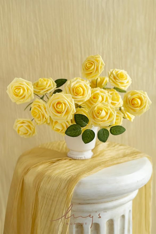 Ling’s Moment Artificial Flowers 25Pcs French Yellow Roses Decor w/Stems,3" Real Touch DIY Foam Floral for Wedding Bouquet/Centerpieces, Outdoors Party Backdrop, Room/Table, and Garden/Pot Decorations