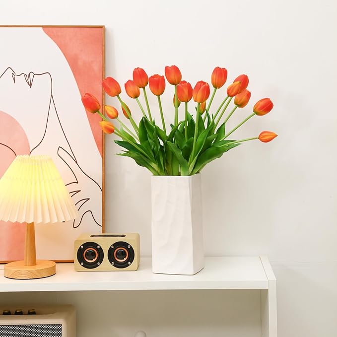Artificial Flowers 20pcs Fake Tulips Real Touch, Faux Latex Tulips Flowers with Gift Box Soft Faux Tulips Bouquets Arrangements for Party Wedding Home Room Decoration(Orange)