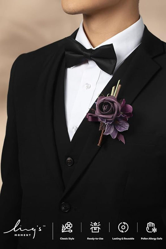 Ling's moment Boutonniere for Men, 6pcs Groom Groomsmen Boutonniere, Artificial Flowers for Wedding Decor/Prom/Homecoming, etc.Deep Purple