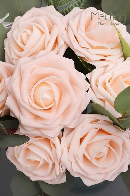 MACTING Artificial Flower Roses 30PCS Real Touch Fake Flowers with Stem Foam Roses for DIY Wedding Bouquet Table Centerpieces Party Baby Shower Valentines Day Gifts Spring Decorations,Champagne