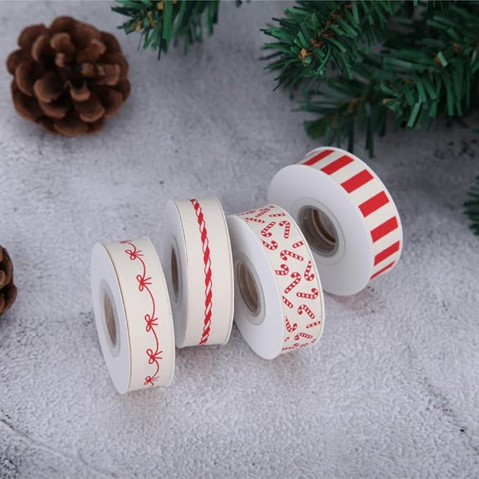 4 Rolls 20 Yards 5/8 Inch Christmas Candy Peppermint Ribbon Red and White Stripe Cotton Ribbons for Gift Wrapping, Wreath,Tree Decoration, Outdoor Deco (Red)
