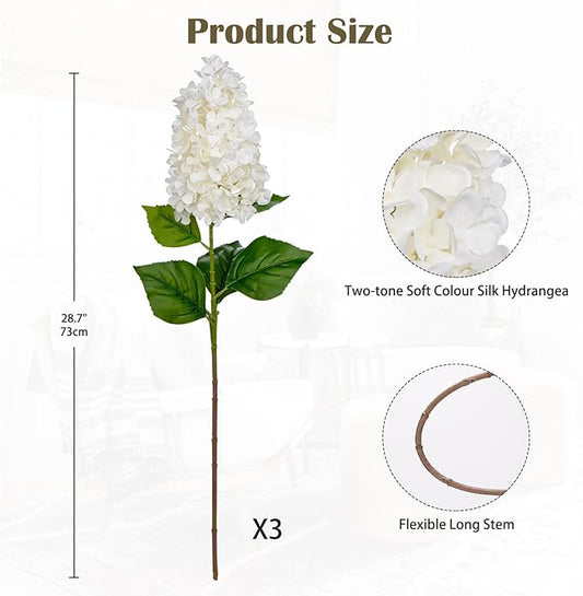 3PCS Fake Flowers Hydrangea Artificial Flowers 28" Long Stem White Faux Flowers for Vase, Real Touch Silk Flowers Décor for Floral Arrangement Home Farmhouse Office Hotel Decoration