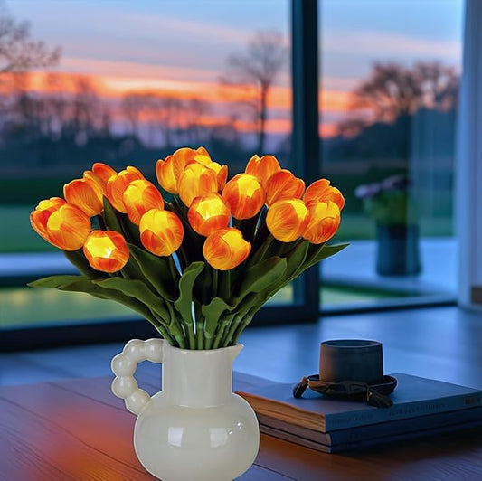 LED Lighted Artificial Tulip Lamp, Real Touch Tulip Flowers, 15 Inch Faux Tulip Bouquet with Battery Operated Lights for Gifts, Home Kitchedn Wedding Decor (Orange)