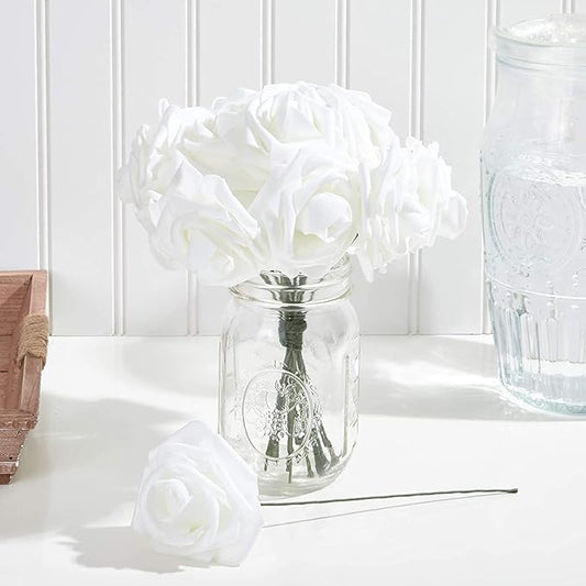 Bright Creations Bright White Roses Artificial Rose Flowers for Wedding Bouquet & Bridal Shower DIY Party Decor - 3 Inch Head, 9 Inch Stem, 60 Pack